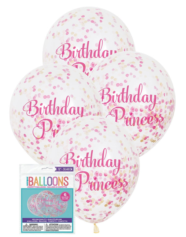 BIRTHDAY PRINCESS 6 X 30CM (12") CLEAR BALLOONS PREFILLED WITH DARK PINK, LIGHT PINK & GOLD CONFETTI